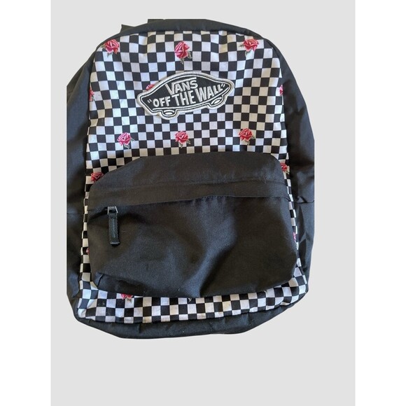 Vans Off The Wall Backpack Black White Checkered With Pink Roses - Picture 2 of 8